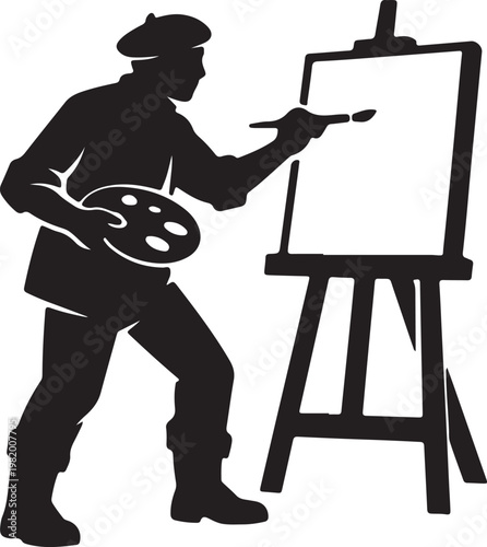 A black silhouette of a man painting on an easel Vector