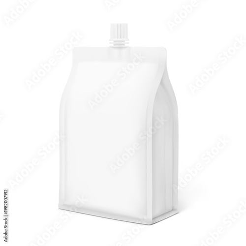 Side gusset flat bottom spout pouch packaging bag mockup. Half side view. Vector illustration isolated on white background. Can be use for template your design, presentation, promo, ad. EPS10.
