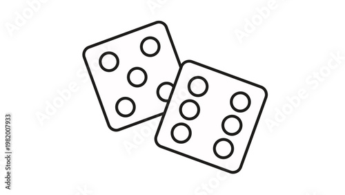 Minimalist black line vector icon of two dice showing five and six pips, representing gambling, board games, luck, and chance. Scalable graphic illustration for gaming and leisure design.