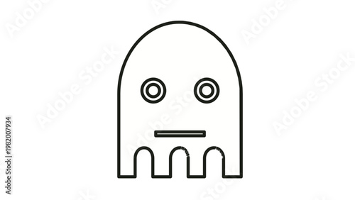 Minimalist black vector icon of a spooky ghost character with circular eyes and a wavy bottom edge, perfect for Halloween decorations, gaming UI, paranormal symbols, and graphic design projects.