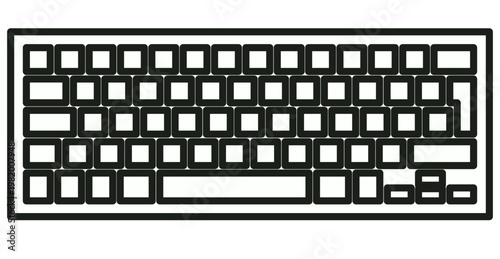 Minimalist black and white vector illustration of a computer keyboard icon, featuring a clean line art design of keys and layout, perfect for technology, gaming, and office-related graphics.
