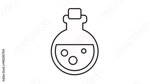 Minimalist black outline vector icon of a magic potion bottle or chemical flask with a cork stopper and bubbling liquid, perfect for gaming, science, or alchemy themed graphic design projects.