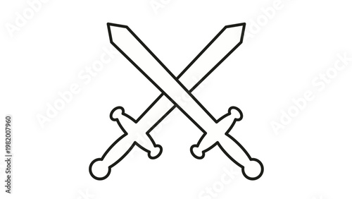 Crossed swords vector icon illustration, minimalist black line art of medieval knightly weapons for battle, combat, and heraldry symbols, simple scalable graphic design element isolated on white