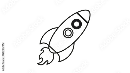 Black line art vector icon illustration of a rocket ship launching, with a rounded body, porthole windows, fins, and exhaust flames, perfect for space travel and startup concepts.