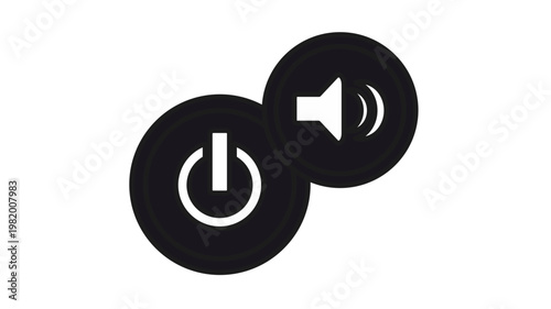 Minimalist black vector icon illustration featuring circular buttons with power and volume symbols. Flat design graphic for electronic device controls, audio settings, and startup functions.