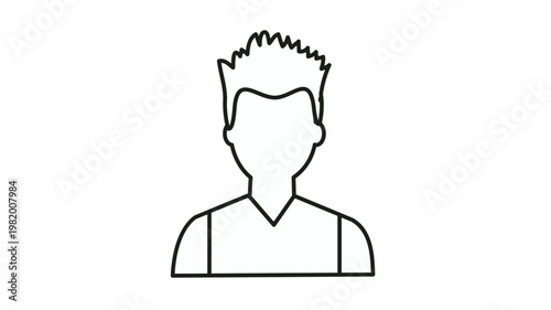 Minimalist black line art vector illustration of a male avatar profile icon with spiky hair and a v-neck shirt, isolated on a white background for web interface and mobile app user design.
