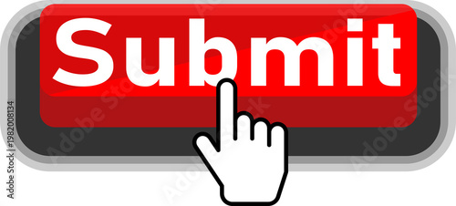 A hand pressing a red submit button with a white shadow border isolated on transparent background