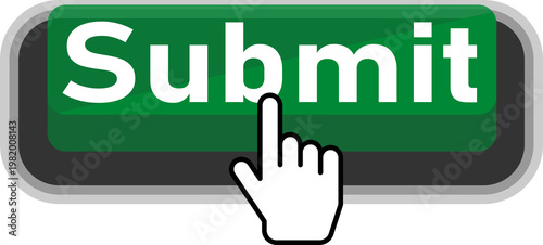 A hand pressing a green submit button with a white text label. isolated on transparent background