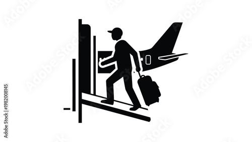 Man walking up stairs with luggage.