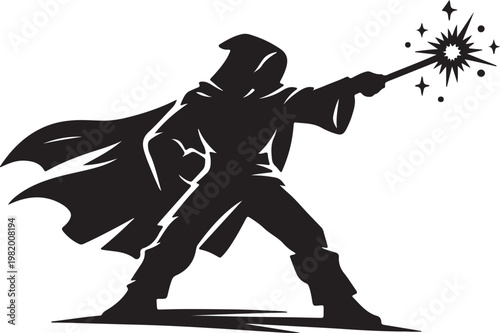 A black silhouette of a wizard casting a magical spell with a wand Vector
