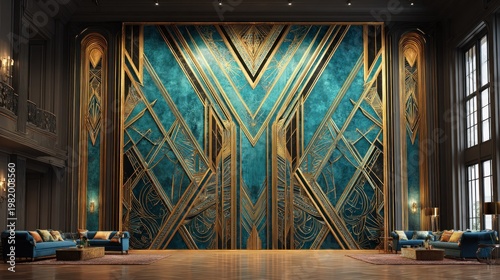 Expansive luxurious interior space features a towering teal and gold geometric accent wall