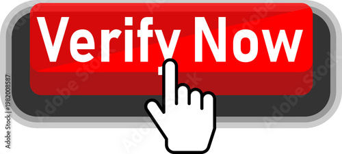 A finger pressing a red verify now button for online authentication or confirmation isolated on transparent background