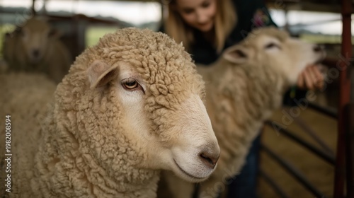 A calm sheep in sharp focus stands in a rustic farm setting. Behind, a veterinarian gently inspects another sheep's mouth, highlighting animal care on the farm.