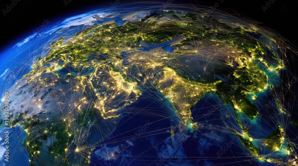 Fototapeta premium Ultra-realistic futuristic airline technology concept of aircraft linked by glowing global data lines. Modern aviation network connects airports and continents visually.