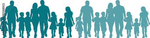 Teal silhouettes of families walking together holding hands family people 1 group