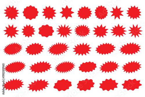 PrintStarburst red sticker set - collection of special offer sale round and oval sunburst labels and buttons isolated on white background. Stickers and badges with star edges for promo advertising.