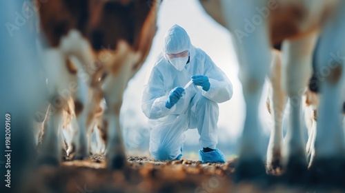 A veterinarian in full protective gear collects samples near livestock, emphasizing biosecurity. The tense setting highlights disease prevention and animal health expertise.