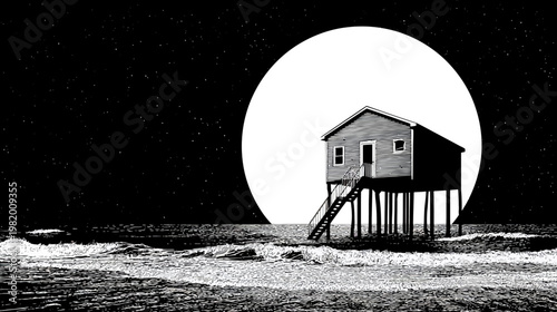 A black and white illustration of a seaside house on stilts under a starry night sky