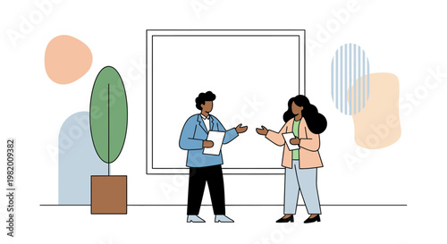 Two people discussing in front of a blank whiteboard