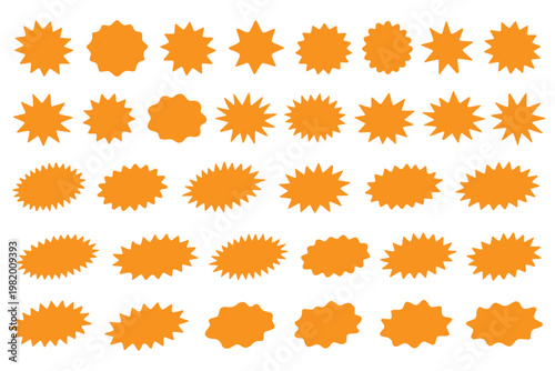 PrintStarburst red sticker set - collection of special offer sale round and oval sunburst labels and buttons isolated on white background. Stickers and badges with star edges for promo advertising.