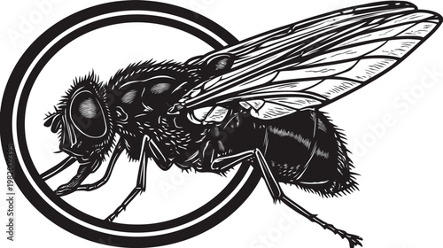 Detailed illustration of a housefly with a large, patterned wing, within a circular frame