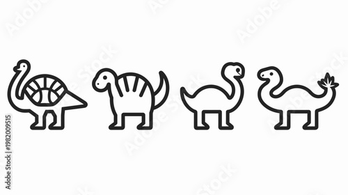 Four stylized dinosaur icons with thick black outlines on a white background