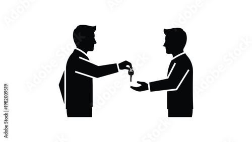 Two businessmen exchanging a key.