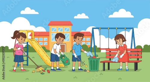 Children cleaning a playground, sweeping leaves, and picking up litter together