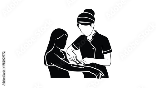 Medical professional examining patient's arm.