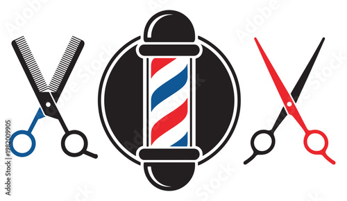 Classic barber shop logo featuring haircutting tools and barber pole.