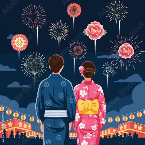 A couple in traditional yukata watches fireworks at a Japanese summer festival
