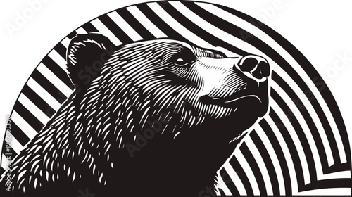 A detailed black and white illustration of a bear's head looking upwards, set against a striped arc