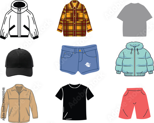 Casual Clothing and Wardrobe Apparel Flat Vector Illustration Set