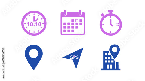 Travel-related icons combining time, maps, and direction tools.
