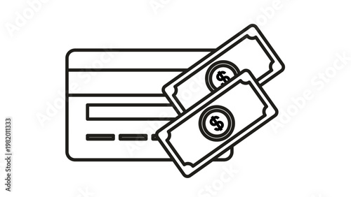 Minimalist black line vector icon illustration of a credit card and two dollar bills, representing payment methods, finance, banking, cash, and electronic transactions on a white background.
