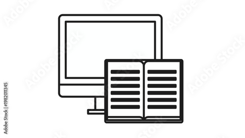 Online education and e-learning vector icon featuring a computer monitor and an open book. Minimalist black line art illustration for digital library, academic research, and distance learning.