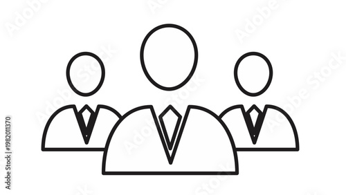 Professional business team vector icon illustration showing three people in formal suits and ties, representing leadership, corporate group, management, partnership, and staff collaboration.