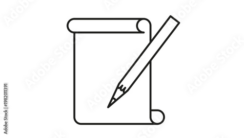 Black line art vector icon of a paper scroll and a pencil, symbolizing writing, drawing, documentation, and creative work. Clean minimalist scalable graphic for business and education use.