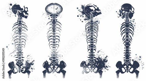 Artistic depiction of human skeletons in various perspectives, with paint-splatter effects