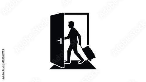Man walking through an open doorway with luggage.