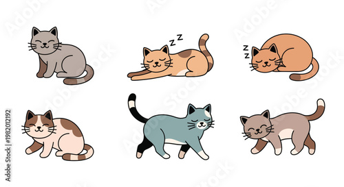 Cute Cat Character Set in Various Poses Sleeping Walking and Sitting Hand Drawn Kawaii Animal Vector Illustration Bundle