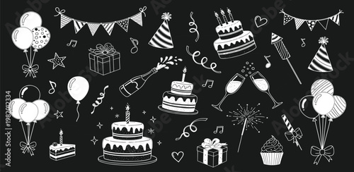 A delightful collection of hand-drawn birthday party elements, including cakes, balloons, gifts, and festive decorations on a dark background