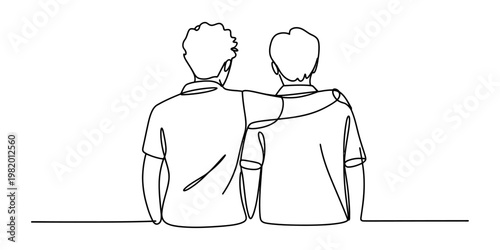 A single line drawing of two friends standing together with an arm around each other in unity Vector, illustration