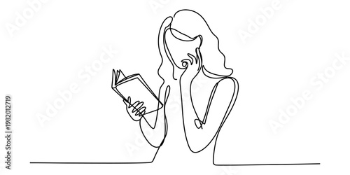 A continuous line drawing of a pensive woman reading a book in a minimalist and artistic style Vector, illustration