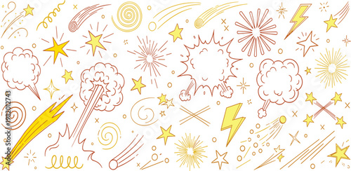 Collection of cartoonish hand-drawn elements including stars, lightning bolts, and explosion effects in yellow and pink hues