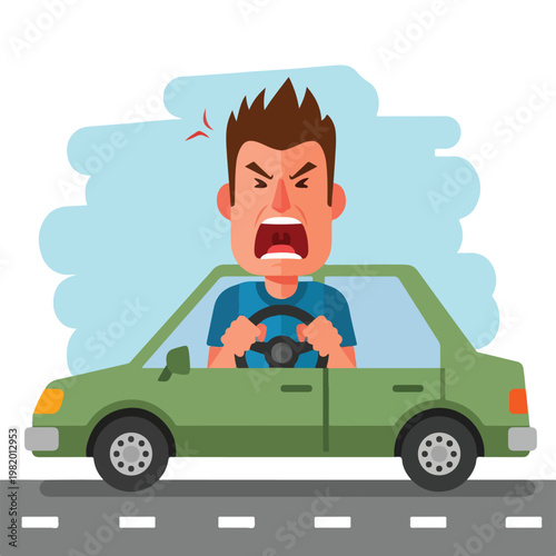 A man drives a green car on a road while shouting in anger with a red vein