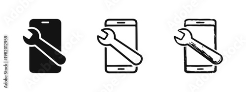 Mobile Device Technical Support Icon Set, Smartphone Repair and Phone Service Symbols