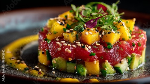 Fresh tuna tartare with avocado, mango, cucumber, soy sauce, sesame oil, ginger, scallions, and lemon juice served on modern plate, gourmet appetizer with vibrant colors and healthy ingredients.