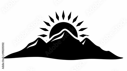 Mountain sunrise silhouette with sun behind peaks black and white landscape graphic