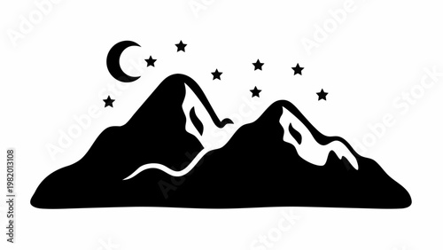 Serene mountain landscape at night with crescent moon and stars silhouette against a clear sky